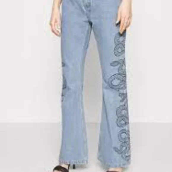 COPY - Milk It Light Blue Recycled Flares Bell Wide Leg Snake Print Jeans Size …